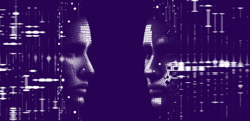 Digital vector illustration depicts two pixelated faces in profile, facing each other, with glitch-like effects in shades of blue, symbolizing communication and digital interaction.