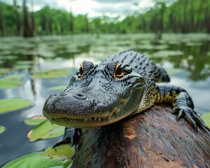 Obraz premium Close-Up of a Calm Crocodile Resting on a Log Surrounded by Serene Water and Lush Greenery in a Tranquil Wetland Environment