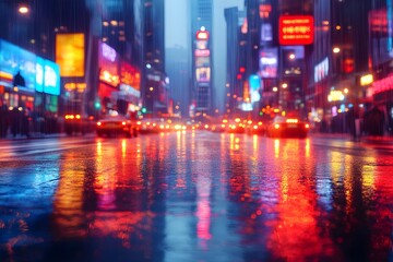 Fototapeta premium Vibrant City Nightscape with Blurred Traffic and Neon Reflections for Urban Design