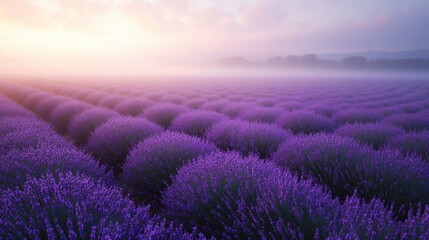 Obraz premium Serene Lavender Fields Under a Soft Misty Sunrise with Layers of Purple Blossoms and a Dreamy Atmosphere in the Early Morning Light