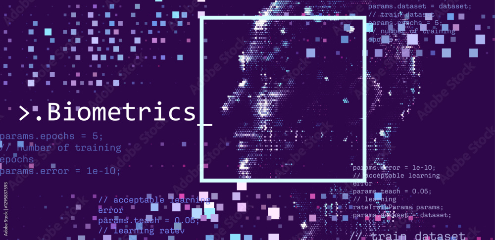 Aufkleber Vector illustration of a pixelated face overlaid with code, representing biometrics and technology in a digital landscape with blue tones and data elements.