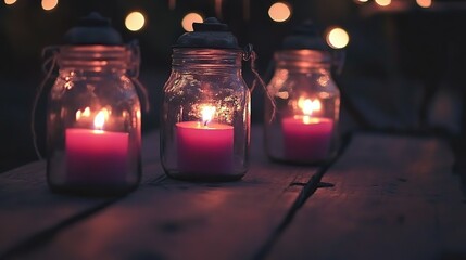 Night candles in jars on rustic table, bokeh background, romantic event