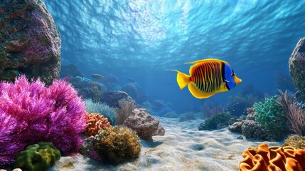 Fototapeta premium Yellow and Blue Angelfish over Vibrant Coral Reef in Sunlit Ocean