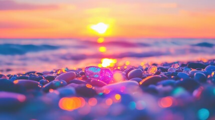 abstract background with colorful pebbles on sandy shore golden sunset lighting natural textures clean and minimalistic composition abstract background
