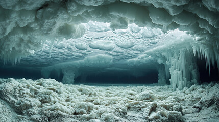 Captivating ice formations shape an enchanting underwater landscape in a frozen cave during winter. Generative AI