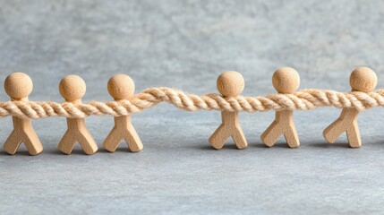 Conceptual Teamwork Image A Powerful Visual Representation of Unity, Collaboration, and Shared Goals, Depicting Wooden Figures United by a Strong Rope, Symbolizing Strength in Numbers