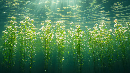 Underwater plants sway gently in a serene aquatic environment filled with soft light. Generative AI