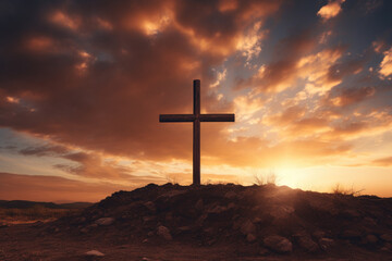 Stormy sky framing a radiant Easter cross silhouette, symbolizing Good Friday and Christian devotion, leaving space for text. Banner