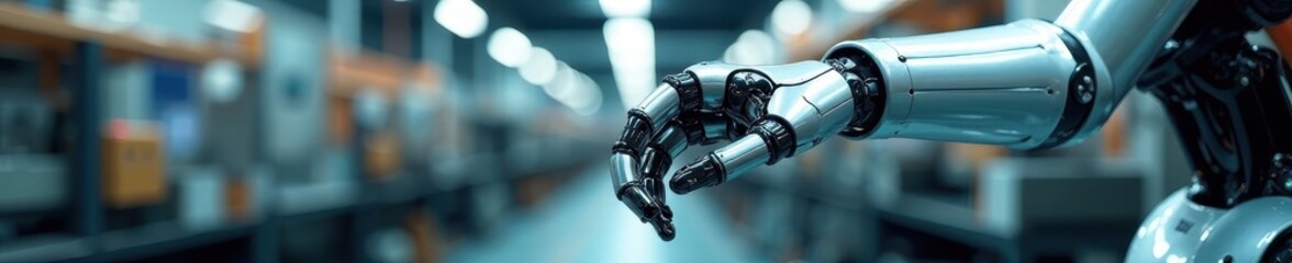 Obraz premium Chrome robot arm operates complex machinery in clean, bright factory , equipment, steel, assembly