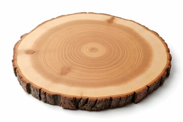 Empty wood plate on white background. Wooden cutting board. Handmade kitchen utensils