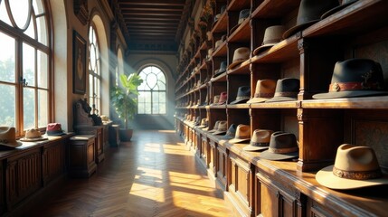 Sunlit Hallway Display of Exquisite Headwear in Antique Cabinets