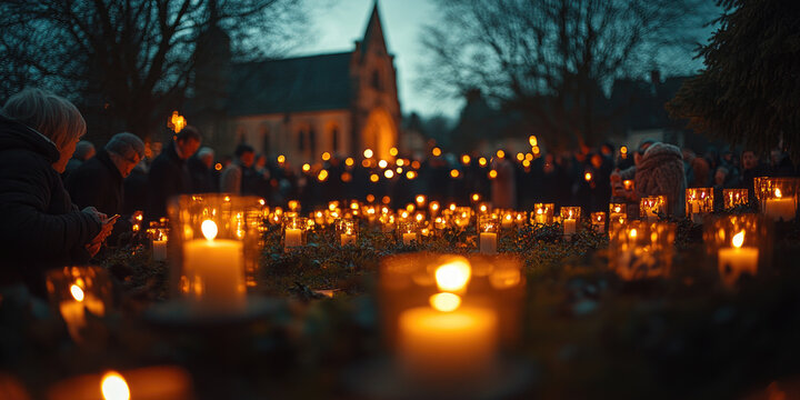 Good Friday evening vigil with people holding candles in a churchyard, peaceful and reflective atmosphere, soft candlelight glow, symbolizing faith and remembrance. Banners ,copy space