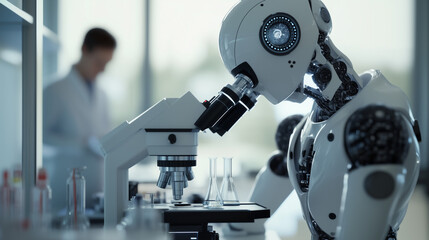 AI robot using a microscope in the scientific laboratory: artificial intelligence and research concept. Involvement of AI in laboratory.