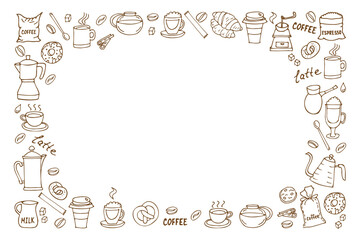 horizontal frame of coffee utensils, coffee cups and teapots, hand drawn in cartoon style.