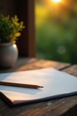 Paper and pencil on wooden table in soft glow, nature, evening