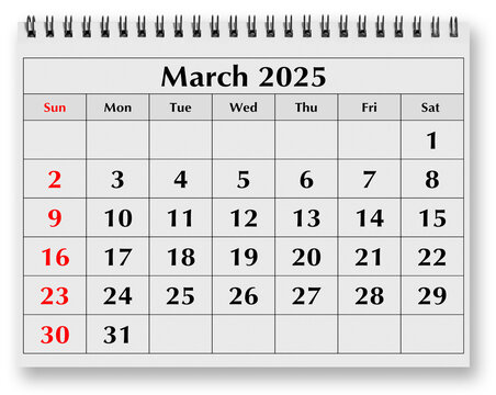 Page of annual monthly calendar - spring month march 2025