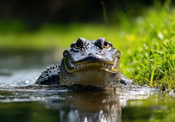 Close-up of a Crocodile Emerging from Water Surrounded by Lush Green Grass in a Natural Habitat Setting Under Bright Sunlight