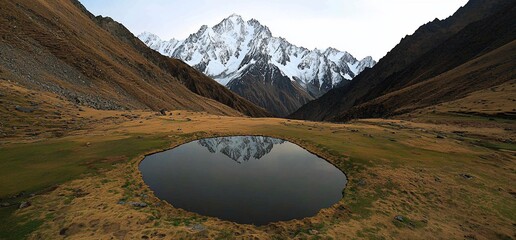 Snowy mountain reflected in a high-altitude lake.