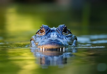 Fototapeta premium Close-Up of a Crocodile Emerging from Water Surrounded by Lush Greenery, Capturing Intricate Details of Scales and Eyes