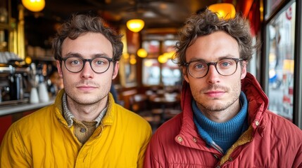 Captivating portrait showcasing two men with curly hair and glasses in a warm, inviting cafe setting Explore the charm of friendship and style, highlighting their unique jackets and intellectual