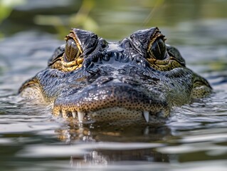 Obraz premium Close-Up of a Crocodile Emerging from Water with Intense Eyes and Sharp Teeth Surrounded by Nature in a Serene Environment