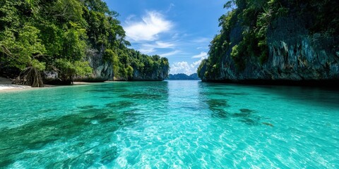 Obraz premium Serene turquoise lagoon surrounded by towering limestone cliffs, lush jungle cascading down the rocky walls
