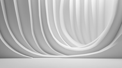 The image features a series of curved white forms, creating a sense of depth and movement