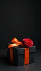 Elegant black gift box, orange ribbon, single rose Dark background , mysterious, orange ribbon, elegant