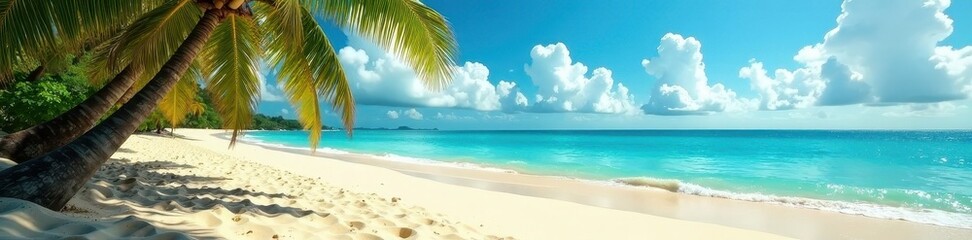 Obraz premium Golden sand meets azure ocean; palms sway gently , background image, tropical paradise, ocean panorama