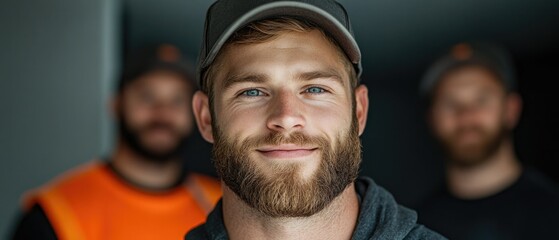 Obraz premium Handsome man with a beard smiles confidently in a casual setting with friends in the background