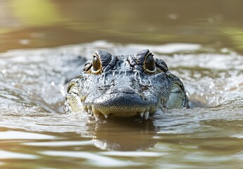 Obraz premium Close-Up of a Crocodile Emerging from Water, Showcasing Detailed Skin Textures and Sharp Teeth in a Tranquil Aquatic Environment