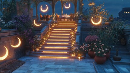 A staircase glowing with crescent-shaped decorative lights leading toward an open rooftop