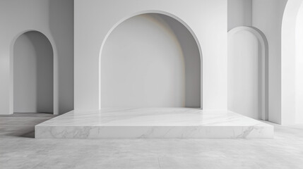 a white marble podium stands beneath a series of arched openings