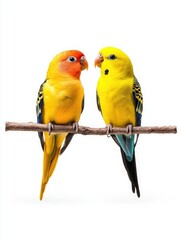 Fototapeta premium Colorful parrots perched closely on a branch display affectionate interaction in a bright setting