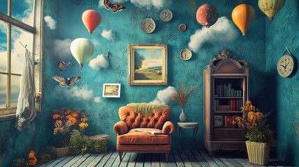 A whimsical and imaginative room with blue walls adorned with several paintings, a sofa facing the viewer, and floating clouds and balloons, creating a playful and dreamy atmosphere filled with childl