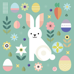 Happy Easter geometric pattern with holiday elements and symbols, eggs, flowers, bunny, carrot. Stylish and cute template for web, social media ads, flyers, print.