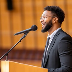 Captivating Portrait of a Young African American Man Delivering a Powerful Speech at a Conference, Seminar, or Corporate Event A Celebration of Diversity and Achievement This Stunning Photo Showcases