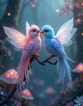 Two birds resembling delicate fairies, perched gracefully on a slender, magical branch. Their feathers are soft and ethereal, shimmering with pastel hues of pink, lavender, and sky blue, as if dusted 