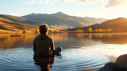 Woman meditating in lake at sunrise with mountains.