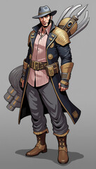 Fototapeta premium Confident character poses with futuristic weapon, adventure awaits