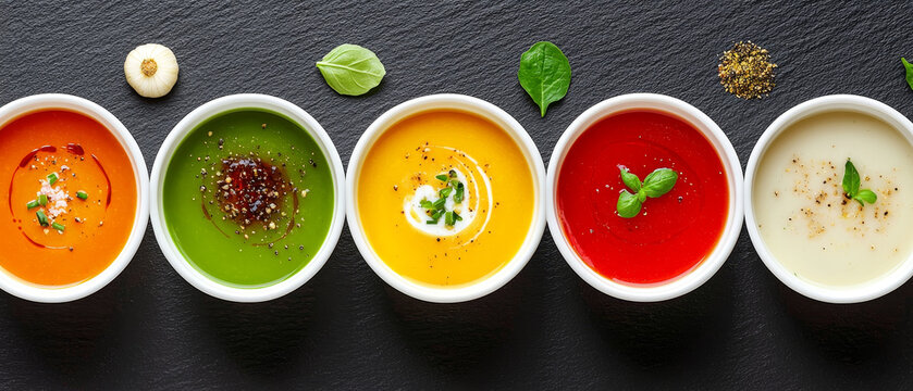 Five vibrant vegetable soups in bowls