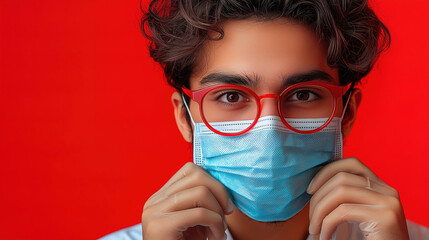 Young man wearing glasses and face mask against a bright red background in a casual setting, preparing for an outing outdoors. Generative AI