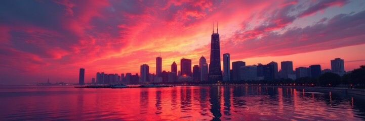 Fototapeta premium Vibrant sunset hues paint Chicago's towering structures , photography, aerial