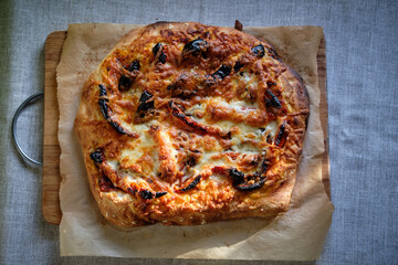 Homemade American pizza with tomatoes and cheese.