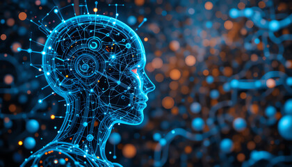 Abstract blue technology background with glowing circles and a human brain concept