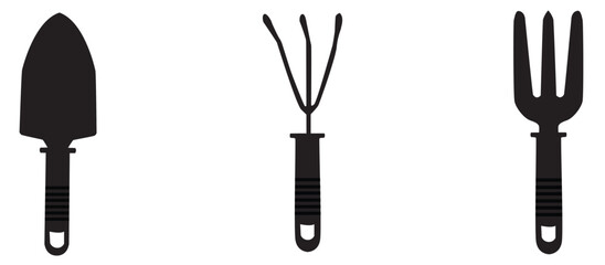 various silhouettes of garden shovels,gardening equipment,symbols,vector illustrations on white background.