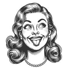cheerful woman with wavy hair and a pearl necklace, playfully sticking out her tongue and smiling sketch engraving generative ai vector illustration. Scratch board imitation. Black and white image.