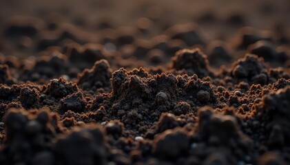 Dark, rich loam soil, clods and crumb structure visible , texture, gardening