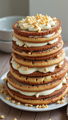 Delicious pancake stack with cream and nuts, indulgent dessert
