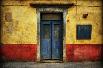 Old blue door, weathered wall, urban street, vintage feel, design texture